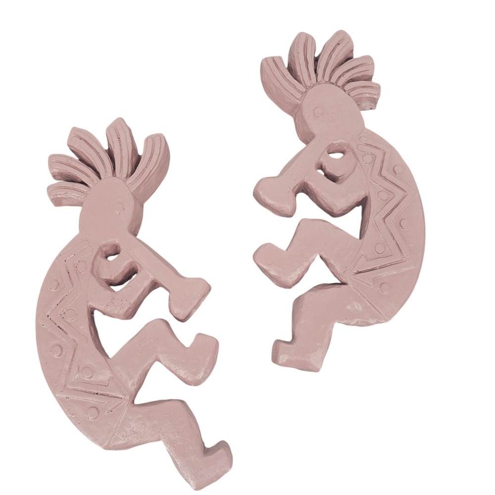 Vintage Kokopelli Wall Art Set 2 Mauve Pink Clay Flute Player Mexico Decor 12"